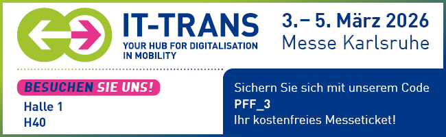 Information banner for IT-Trans, incl. booth number, hall, and voucher code