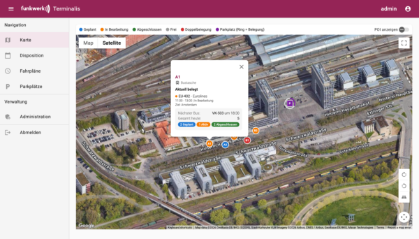 Screenshot aus dem Dispositionsprogramm Terminalis mit Anzeige einer belegten Bustasche