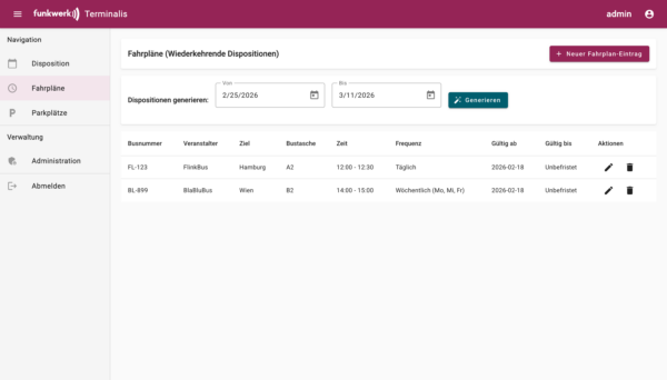 Screenshot aus dem Disposiotionsprogramm Terminalis - Ansicht Fahrpläne (Wiederkehrende Disposition)