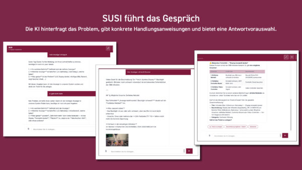 Screenshot aus dem Funkwerk Support Portal - drei CHatverläufe mit Handlungsanweisungen