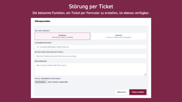 Screenshot aus dem Funkwerk Support Portal - Formular zur Ticketerstellung